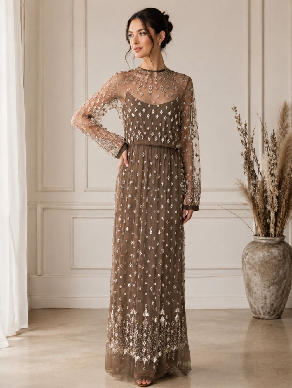 BIYAN Elegant Taupe Lace Maxi Dress, NWT, Embroidery And Pearl Beading, Size M,L - Picture 11 of 15